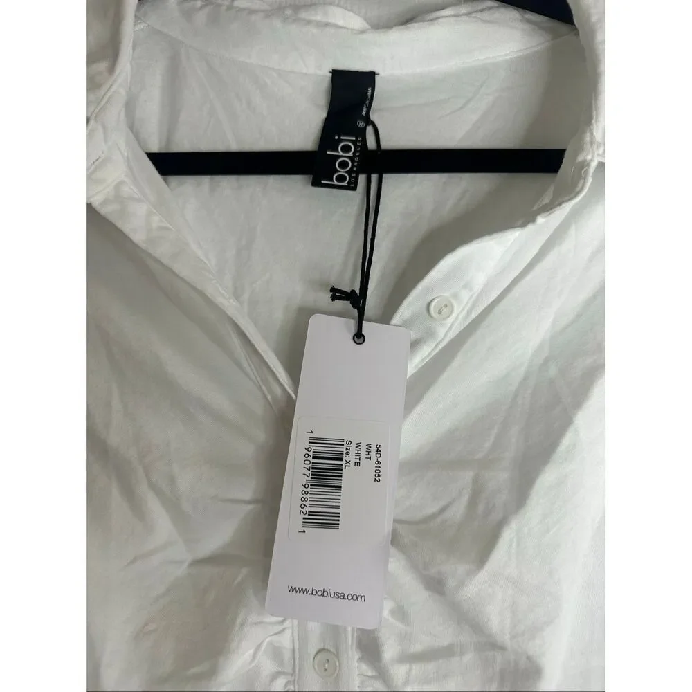 bobi Button Front Shirred Placket Tee in White Size XL